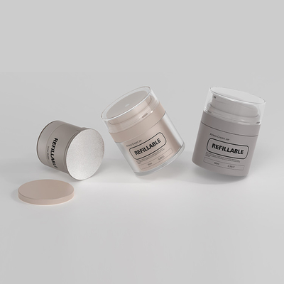 ตัวอย่างฟรี 50 ml กระปุกปั๊มไม่มีอากาศที่สามารถเติมเต็มใหม่ได้ สําหรับโลชั่นเซรั่มพื้นฐาน